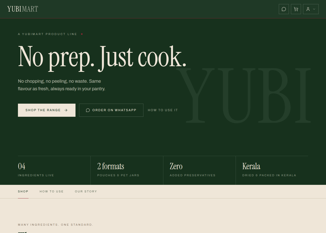 The YUBIMART storefront: a dark green page reading “No prep. Just cook.”, with the product range below it.